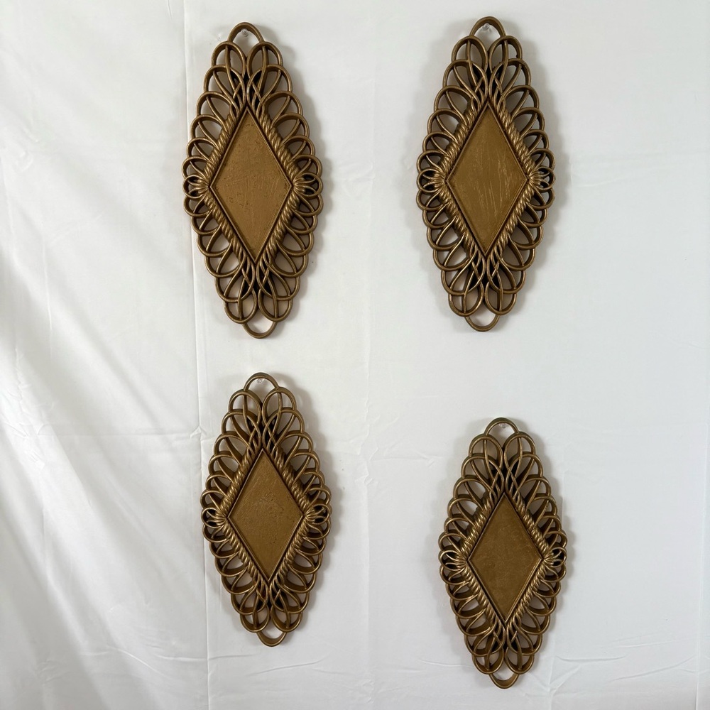 Vintage set of 4 Burwood plastic wicker wall decor plaques boho home midcentury